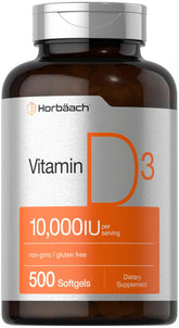 Horbaach Vitamin D3 10,000 IU bottle label highlighting high potency for daily use.