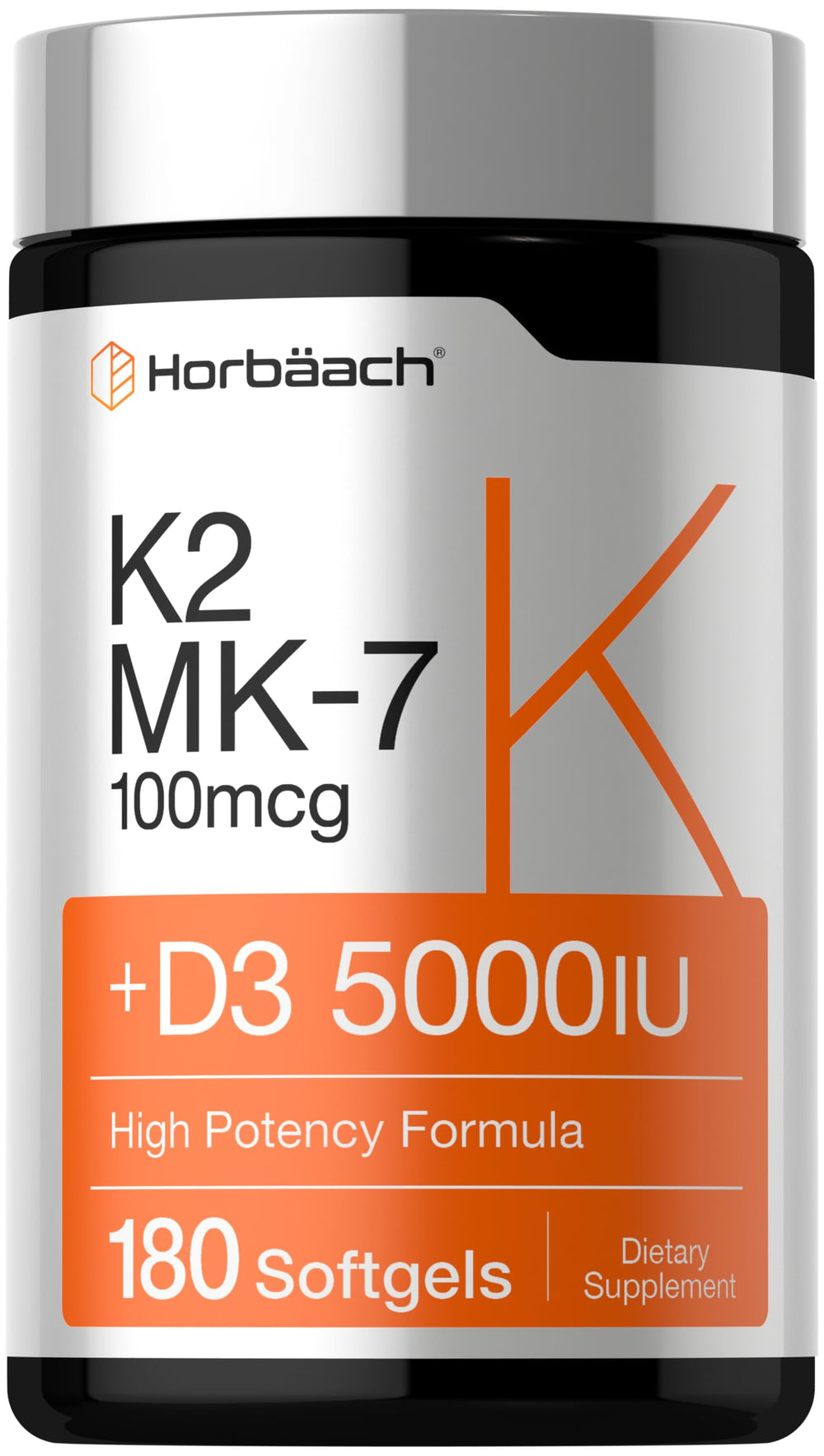 Horbäach Vitamin D3 K2 5000 IU bottle offers high potency daily wellness.