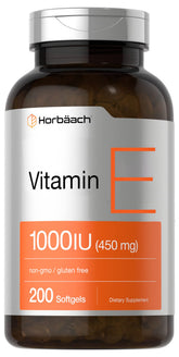 Horbaach Vitamin E 1000 IU softgel bottle supports daily wellness.
