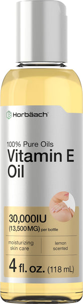 Horbaach Vitamin E Oil bottle moisturizes and nourishes skin.