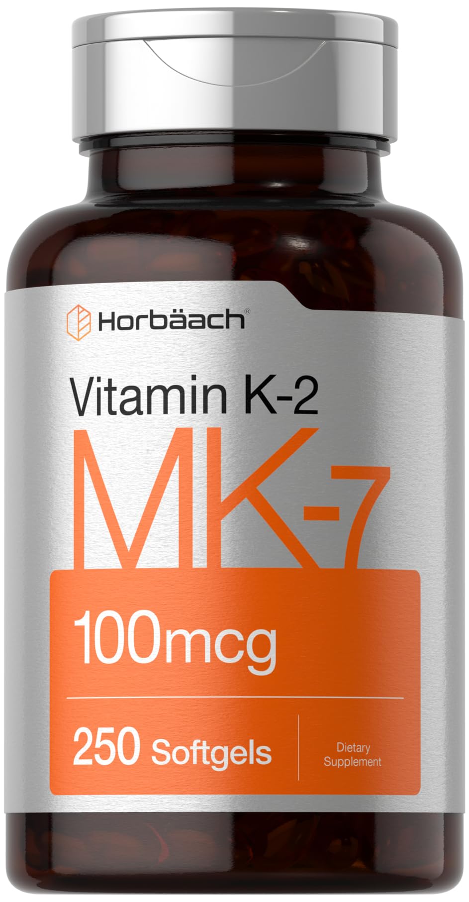 Horbäach Vitamin K2 MK7 100mcg softgel bottle for easy daily use