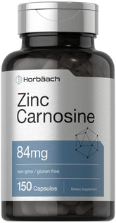 Horbäach Zinc Carnosine bottle front shows non-GMO gluten-free supplement.