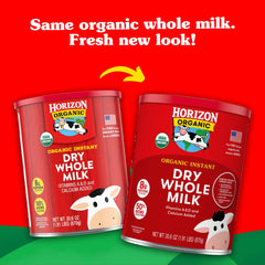 Horizon Organic Instant Dry Whole Milk Powder beside cereal for quick breakfasts.
