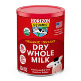 Horizon Organic Instant Dry Whole Milk Powder jar shows pantry-ready, shelf-stable dairy.