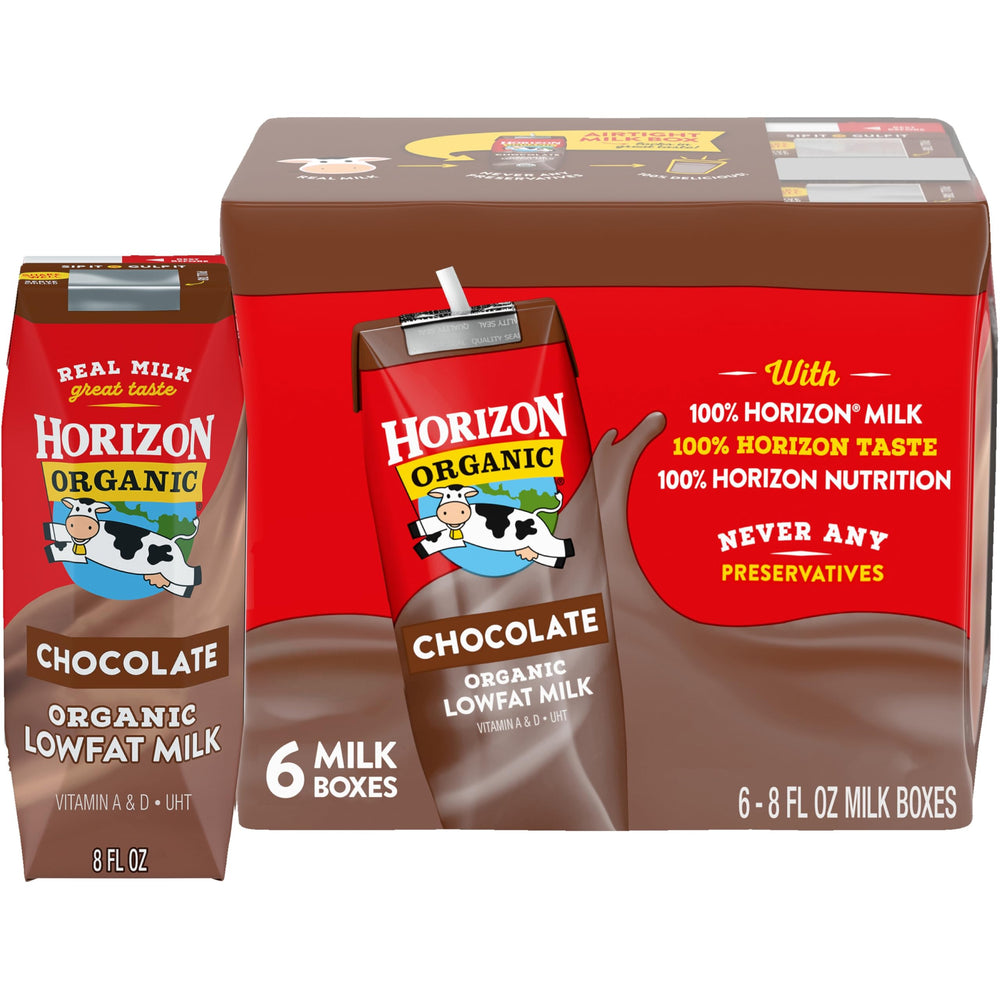 Horizon Organic shelf-stable chocolate milk box front view, ideal for lunchboxes.