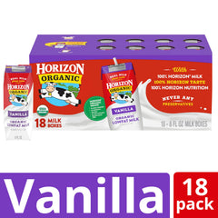 Horizon Organic vanilla milk box highlights 8 g protein per serving