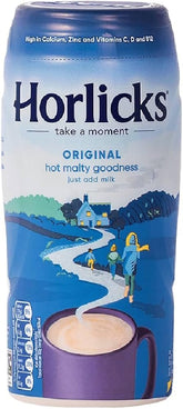 Horlicks malted milk powder canister front view, creamy indulgence for daily energy.
