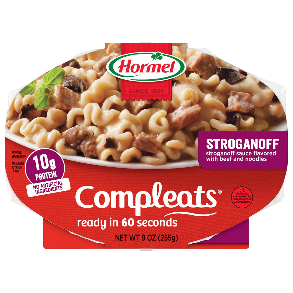 HORMEL COMPLEATS Beef Stroganoff tray ready for microwave, quick dinner option.