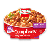 HORMEL COMPLEATS Beefy Mac Cheese tray open with steaming pasta ready to eat