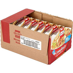 Closeup of HORMEL COMPLEATS microwave tray showing prepared meal
