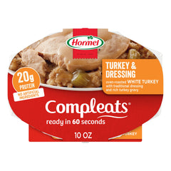 HORMEL COMPLEATS Turkey & Dressing tray front view, ready-to-eat in 60 seconds.