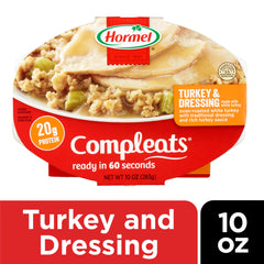 HORMEL COMPLEATS Turkey & Dressing tray heated in microwave for a fast dinner.