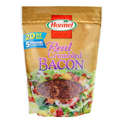 Hormel Real Crumbled Bacon 20 oz bag front label, ready to top favorites.