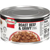 Hormel Roast Beef and Gravy can front view, ready-to-use protein for meals.