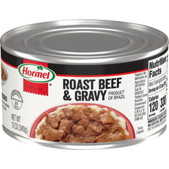 Hormel Roast Beef and Gravy can front view, ready-to-use protein for meals.