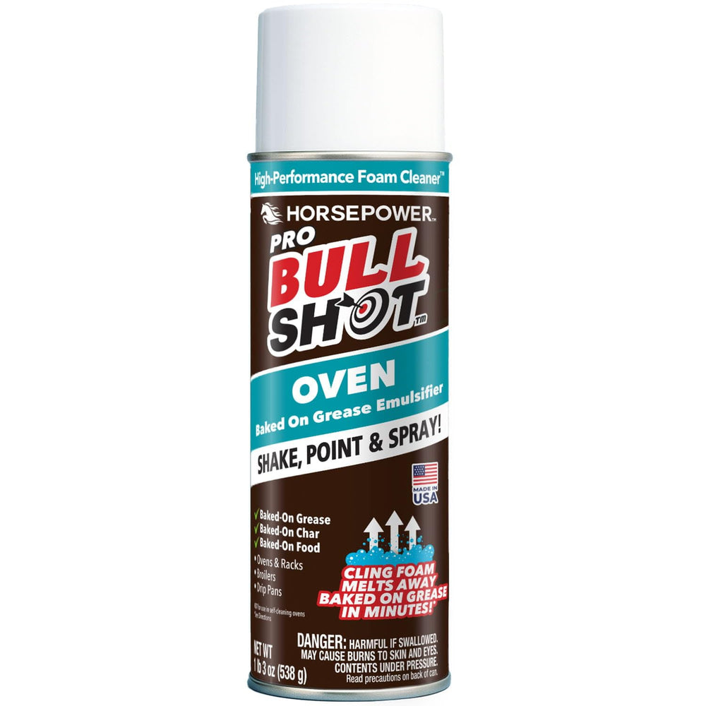 Horsepower Bull Shot Oven Pro bottle pour demonstrates easy application for quick grease cleanup.