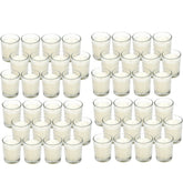 Hosley clear glass votive candle with long, smokeless burn for events.
