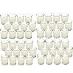 Hosley clear glass votive candle with long, smokeless burn for events.