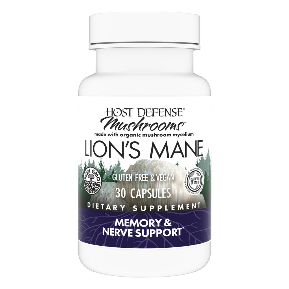 Host Defense Lion's Mane bottle front showing daily brain support
