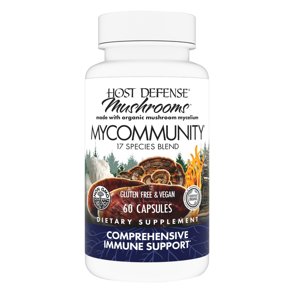 Host Defense MyCommunity bottle displays 60 vegan capsules for daily immune support.