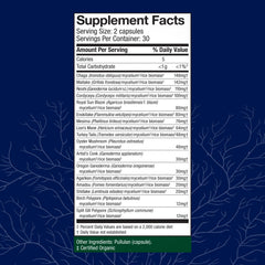 Host Defense MyCommunity capsules closeup highlighting the 17-species mushroom blend.