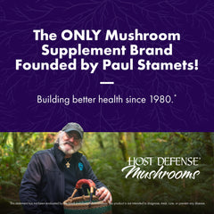 Host Defense MyCommunity label front emphasizes organic, USA-grown ingredients.