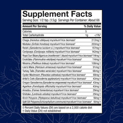Host Defense MyCommunity Powder back label with organic, non-GMO, gluten-free certifications