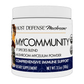 Host Defense MyCommunity Powder bottle front view showing a seventeen-species blend for potential immune support