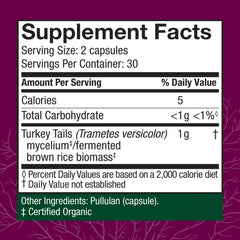 Host Defense Turkey Tail capsules bottle side showing dosage and gut health support.