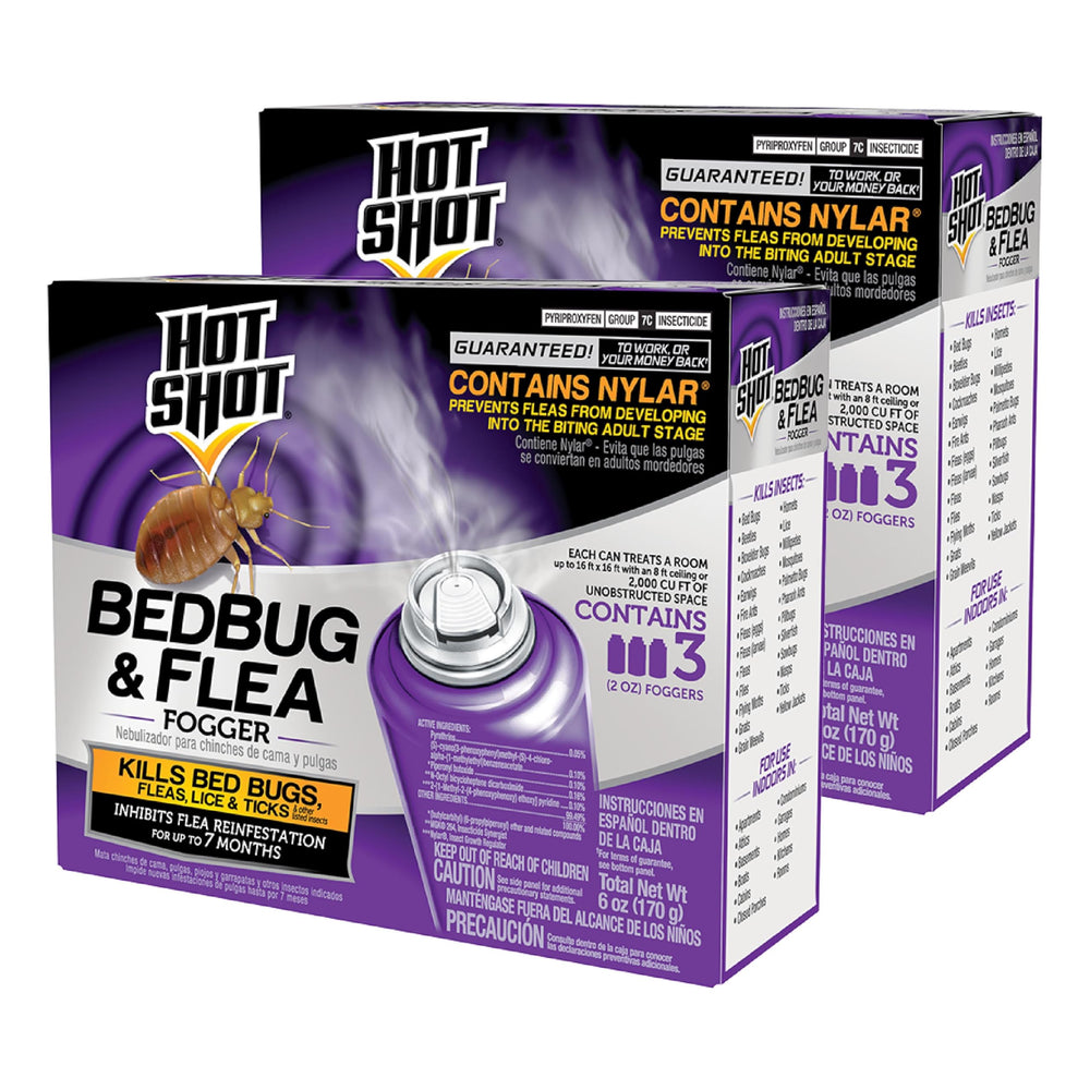 Hot Shot BedBug & Flea Fogger canister closeup for quick room treatment.
