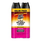 Hot Shot twin-pack front label, ready-to-use pest solution for homes.