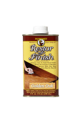 Howard Restor-A-Finish Golden Oak 8 oz bottle pouring for quick touch-ups and color restoration.