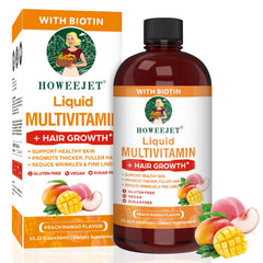 HOWEEJET liquid multivitamin bottle supporting hair and skin health with daily use.
