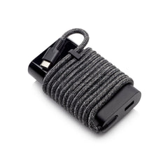 HP 65W USB-C charger front view with compact design and portability.