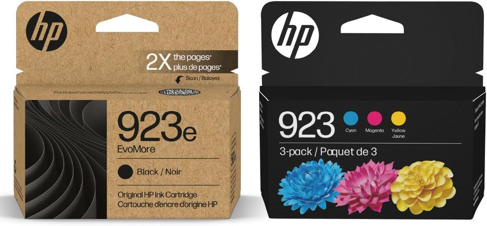 HP 923e EvoMore black ink cartridge 2-pack delivers crisp text and reliable performance.