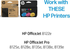 HP 923e EvoMore tri-color cartridge 2-pack produces vibrant color for documents.
