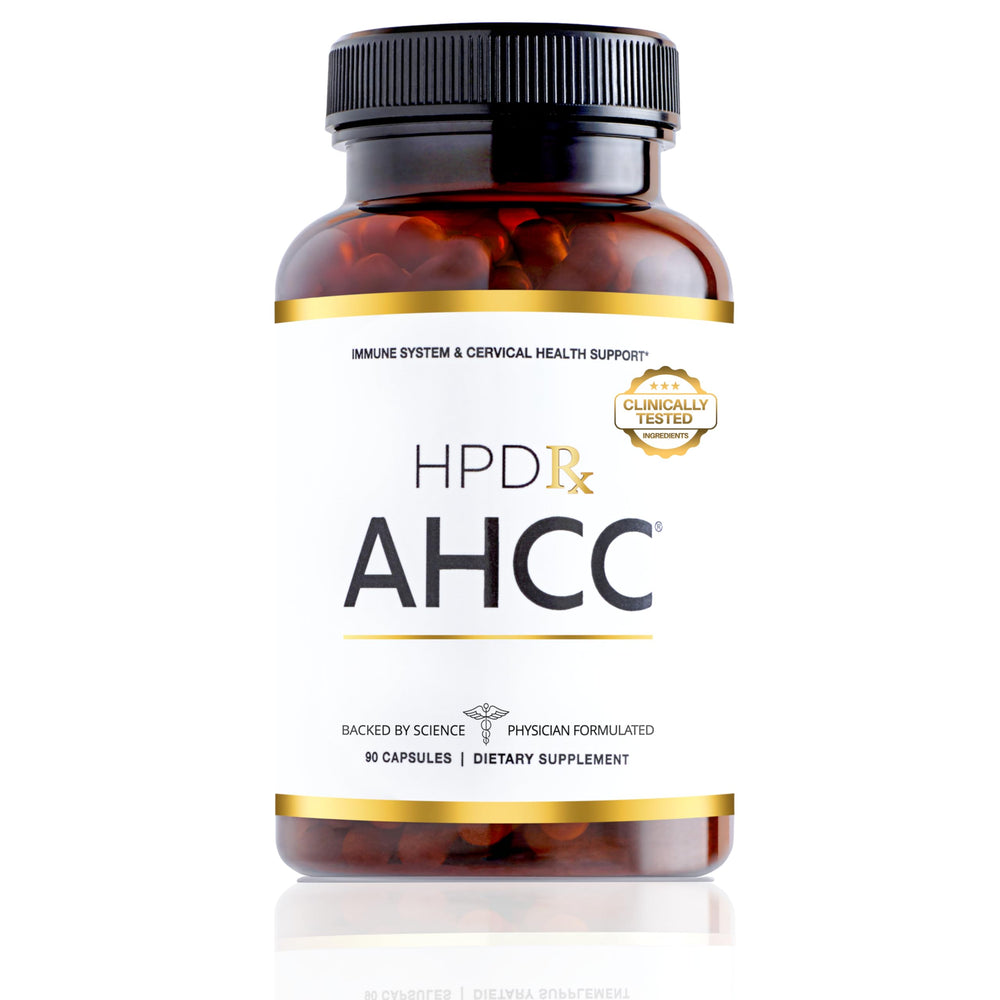 HPD Rx AHCC Shiitake bottle highlighting immune support and NK cell activity.