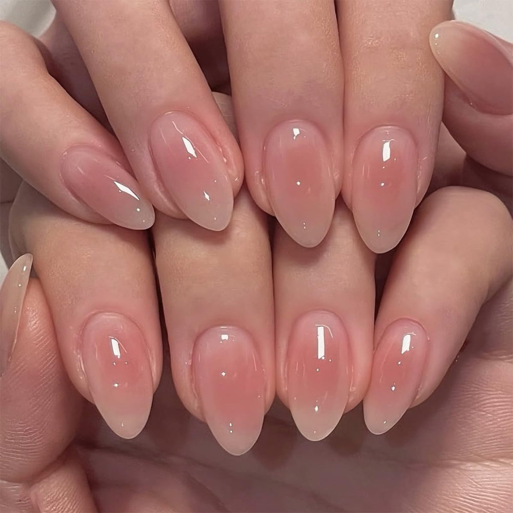 HPYFOI Pink Aura press-on nails in short almond shape for quick at-home manicure.