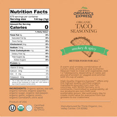 HQO Organic Taco Seasoning spice blend jar highlights bold aroma ideal for fajitas