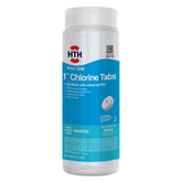 HTH chlorine tabs packaging for easy pool sanitation and clarity.
