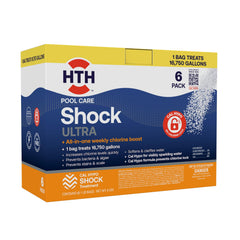 HTH 52040B Shock Ultra bottle pour showing quick dissolution for clearer pool water.