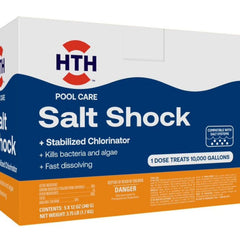 HTH Salt Shock packets packaging shown for easy 10,000 gallon dosing.