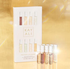 Huda KAYALI Discovery Layering Set packaging and mini flacons for travel testing