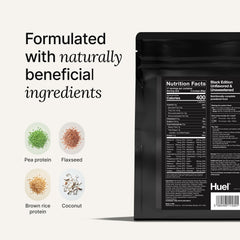 Huel Black Edition Strawberry shake in a glass with ice for a quick drink