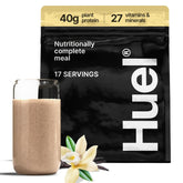 Huel Black Edition Vanilla powder tub ready for a high-protein vegan meal replacement