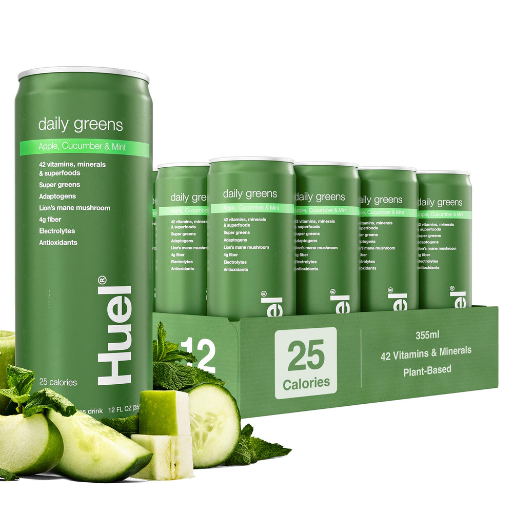 Huel Daily Greens bottle with apple cucumber mint offering a refreshing morning boost.