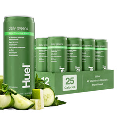 Huel Daily Greens bottle with apple cucumber mint offering a refreshing morning boost.