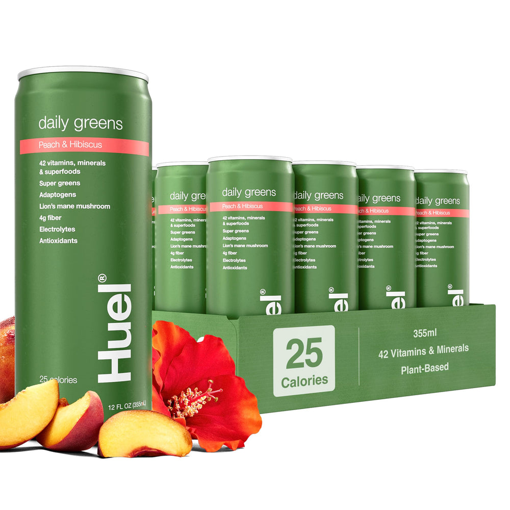 Huel Daily Greens ready-to-drink bottle shows peach hibiscus flavor for a refreshing morning