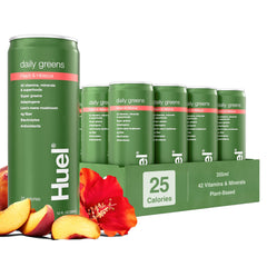 Huel Daily Greens ready-to-drink bottle shows peach hibiscus flavor for a refreshing morning