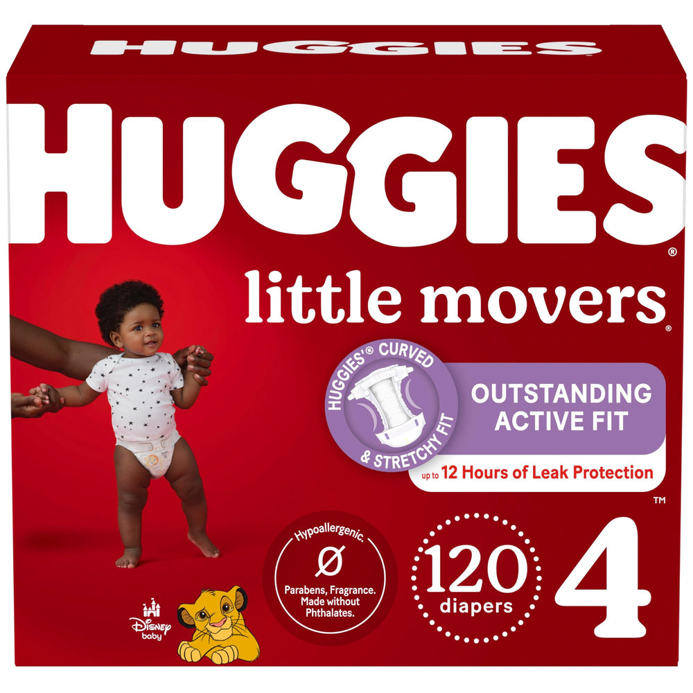 Huggies Little Movers size 4 diapers in packaging varies for flexible shopping options.